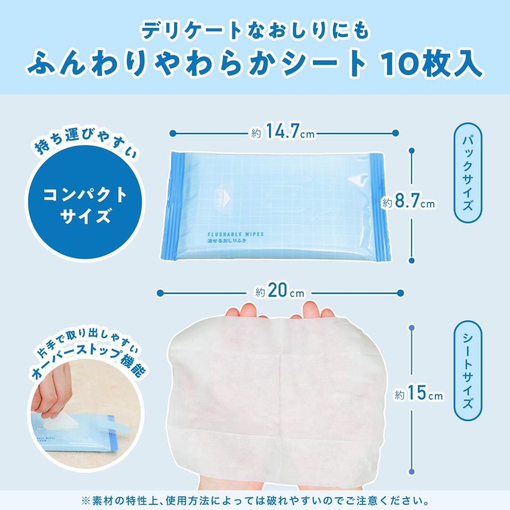 LEC Pocket Etiquette Portable Flushable Wet Wipes Made in Japan For and illnesses Can also be used on hands and body (10 count) / emergencies, travel,