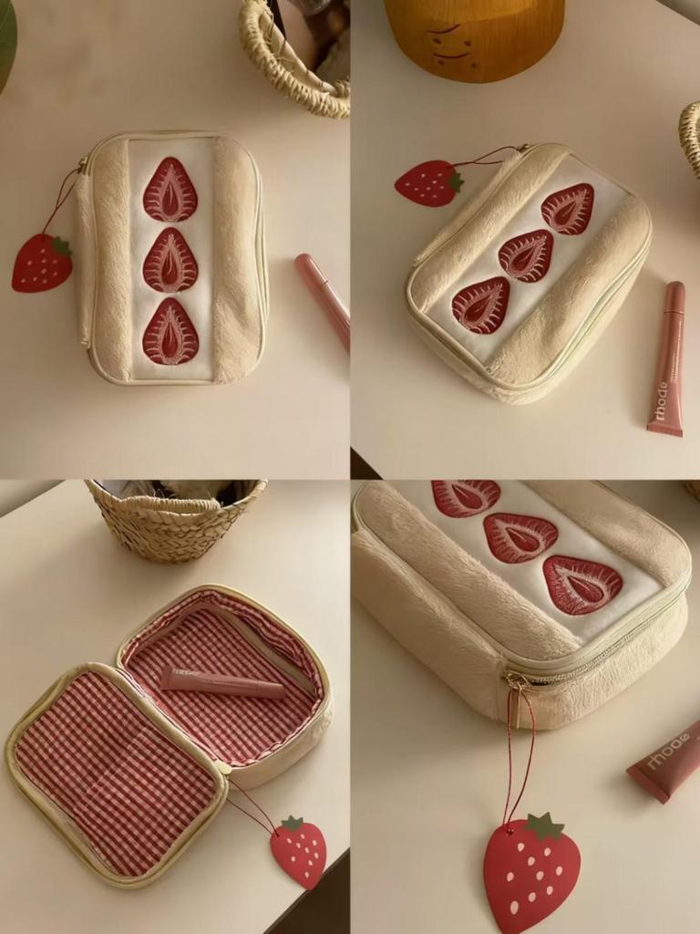 Strawberry Plush Makeup Bag: Large Capacity Travel Essential for Women