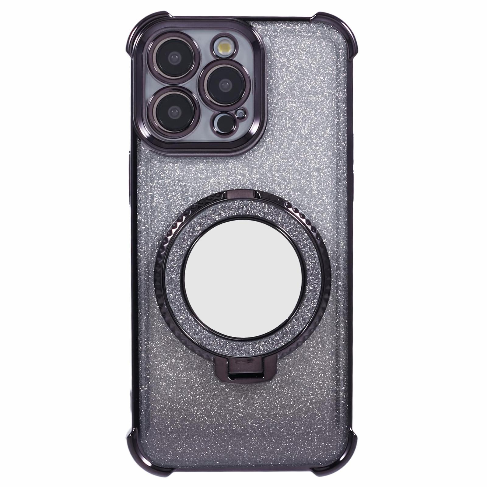 

For iPhone 13 Pro Max Case Glitter Gradient Ring Kickstand TPU Phone Cover with Mirror Black