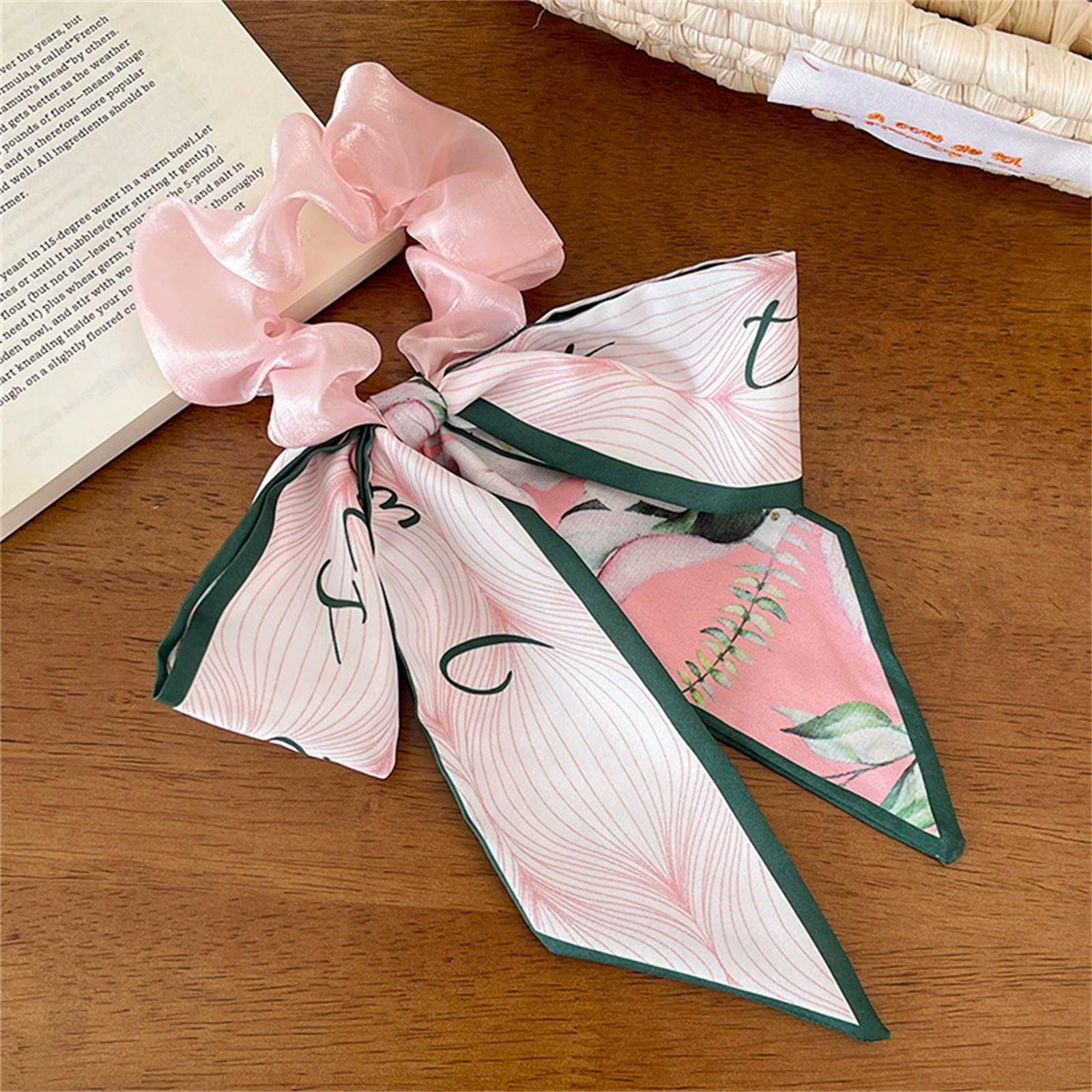 Elegant Floral Print Large Bow Scrunchie with Flowing Ribbon Hair Tie for Women and Girls Soft Fabric Hair Accessory One Size