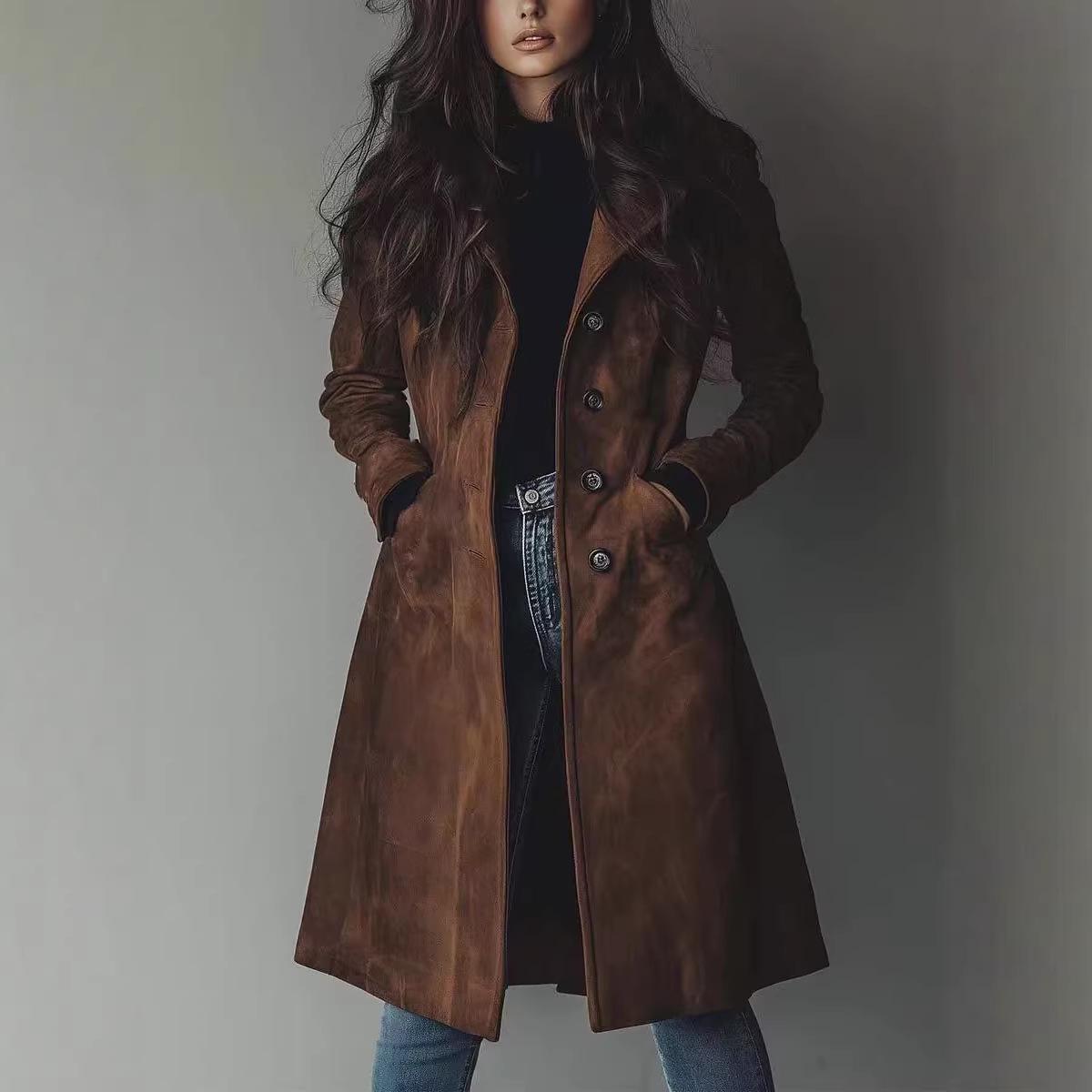 

2025 New Retro Lapel Suede Women s Long Trench Coat for Autumn and Winter L темно-коричневого кольору