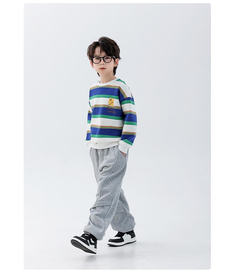 Boys' Fleece-Lined Striped Crewneck Hoodie - 2025 Autumn/Winter, Thick Long-Sleeve, Fashionable for Older Children
