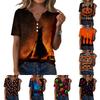 Women's Casual V Neck Short Sleeve T Shirt with Decorative Buttons Halloween Print Graphic Tee Top for Everyday Wear
