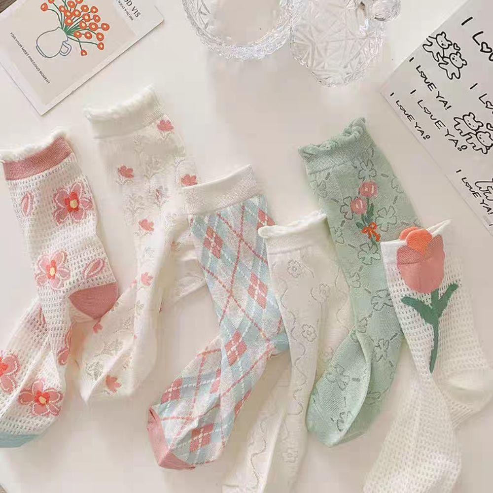 6Pairs Mesh Hollow Transparent Flower Socks Ruffle Sweet Socks Women Ins Style Mid Tube Socks  Girl