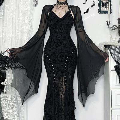 Halloween Gothique Maille Tablier Femme Streetwear Vintage Sorcière Transparente Manches Chauve-Souris Crop Top Sexy Cosplay Vêtements Femme