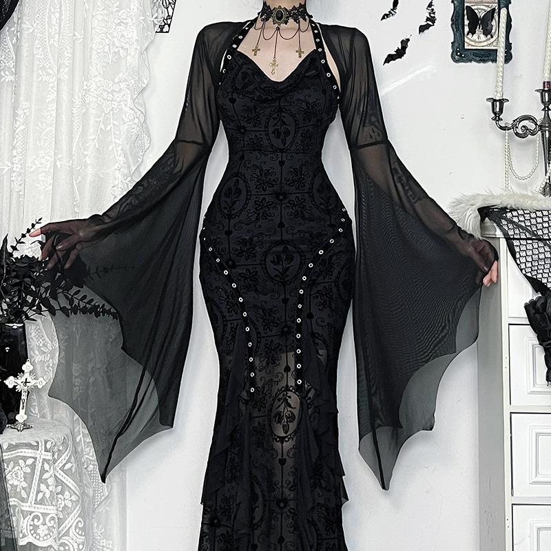 Halloween Gothic Mesh Smock Women Vintage Streetwear Witch See Through Bat Sleeve Crop Blouse Sexy Cosplay Clothes Femme