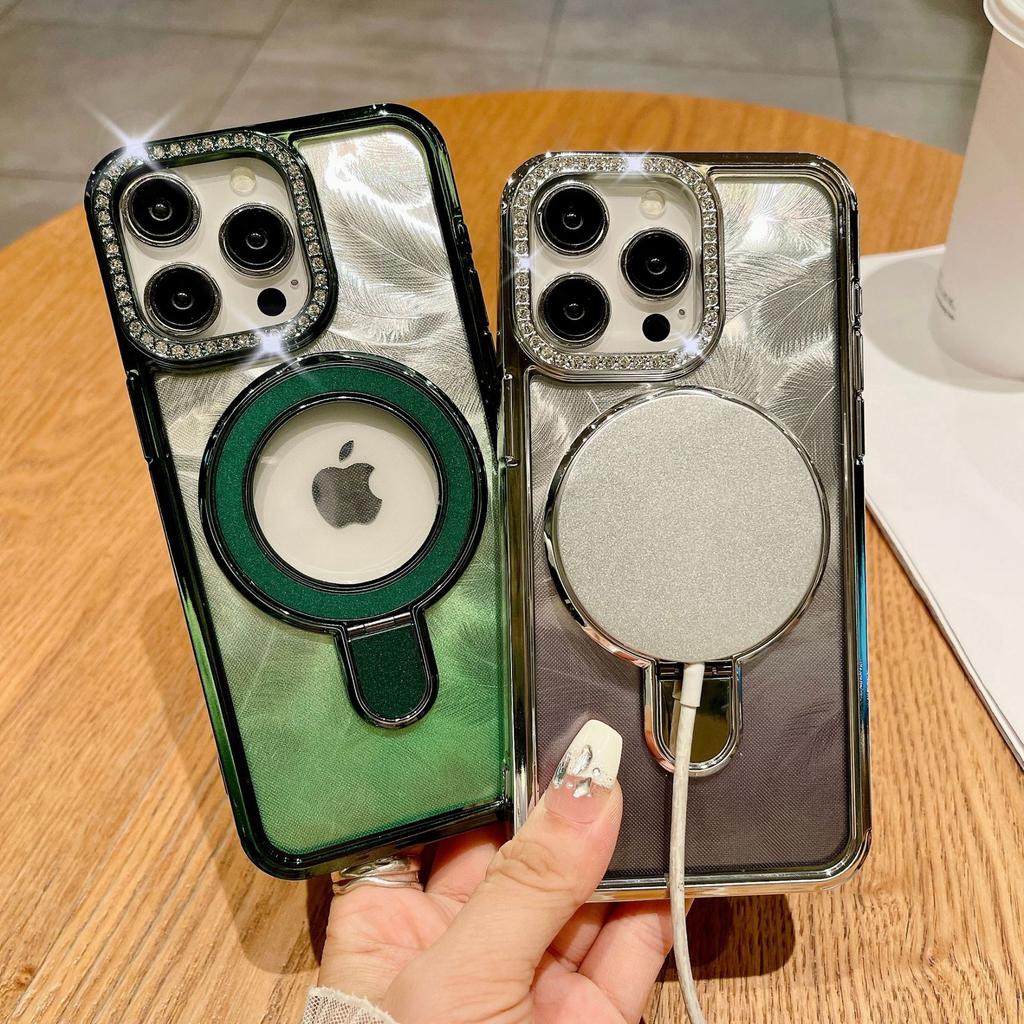 Suitable for Iphone15 Phone Case, Lens Flash Diamond, Apple 14promax, Gradient Feather, 13 Metal Stand, Hard Shell