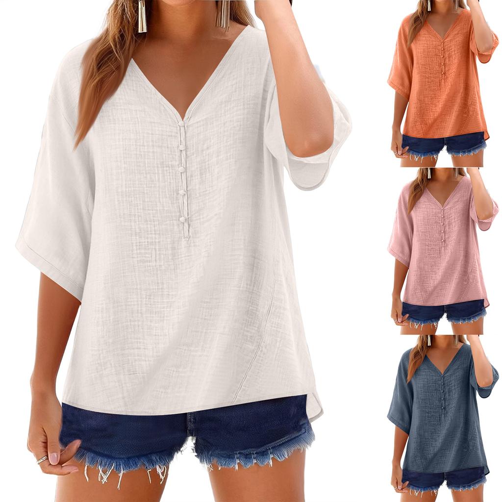 Women's Fashion Loose Casual Summer O-neck Mid Length Sleeve T-shirt