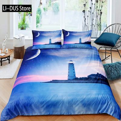 Lighthouse Duvet Cover Set Nautical Surfing Ocean Wave Bedding Set Queen Polyester Coastal Nature Theme Quilt Cover For Kids Boy