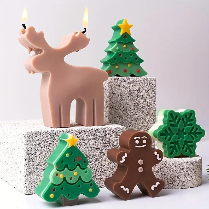 A Top quality 3Pcs Christmas Tree + Elk + Smiling Gingerbread Man Silicone Mold Set Design Suitable for DIY Candles Soap Plaster