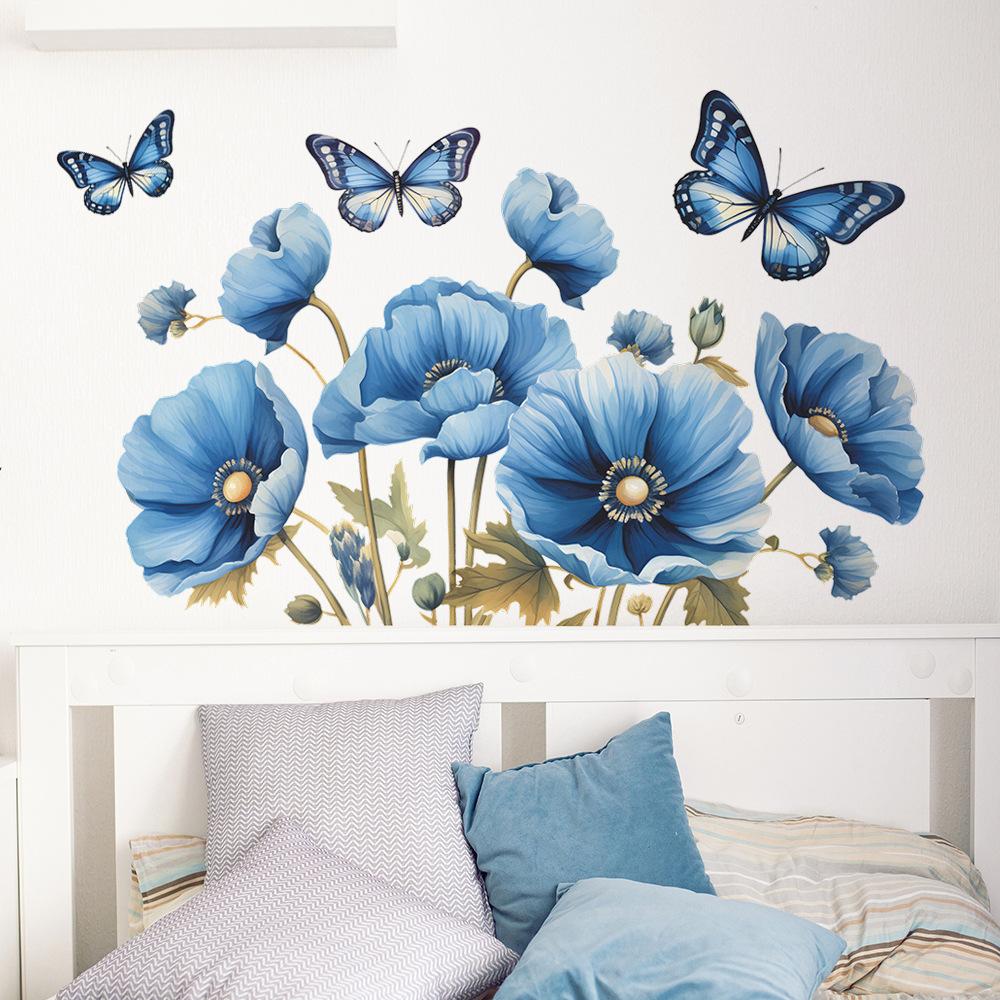 Fun-c12 Bemalte Romantische Blaue Blumen Schmetterling Schlafzimmer Wohnzimmer Hintergrund Layout Wandaufkleber