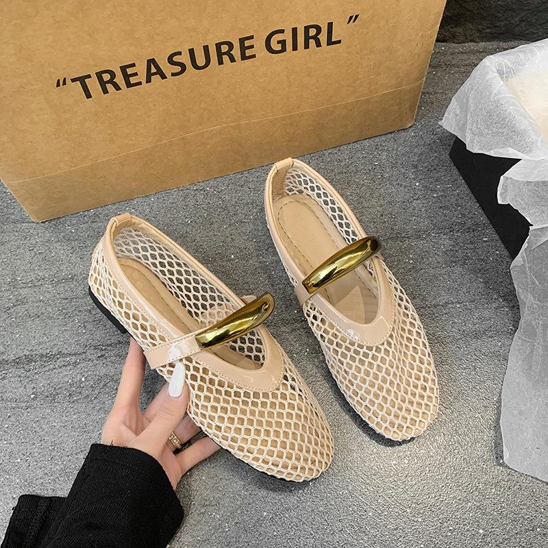 Flat bottom mesh breathable single shoes women's 2025 new summer hollow Mary Jane gentle evening shoes bag head sandals