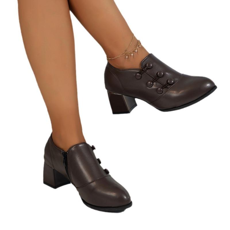 Women's low-top single shoes Women's spring and autumn high-heeled women's leather shoes Light mouth square heel mother shoes