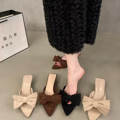 Mode Nouveaux Chaussures Printemps et Été pour Femmes Satin de Soie Coréen Pointues Nœud Papillon Pantoufles Baotou Talon Plat Ensembles Demi Pantoufles Zapatos Mujer