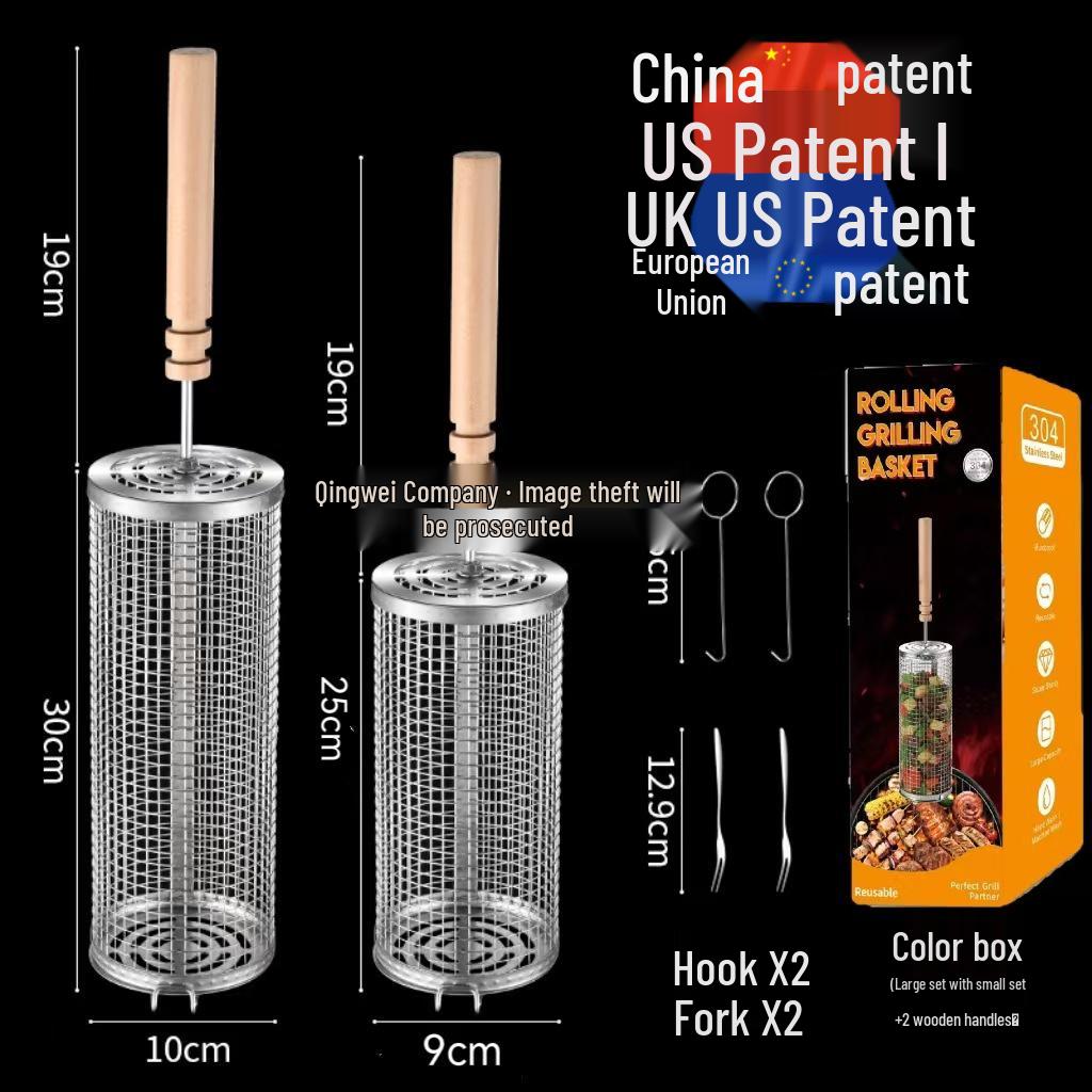 Stainless Steel Portable BBQ Rolling Grill Cage, Cylinder Smoker Net 304