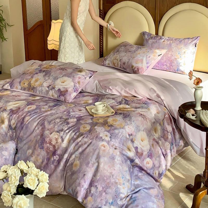 French Pastoral Oil Painting Style 100S Pure Cotton Satin Long-Staple Cotton Four-Piece Digital Printing Bedding