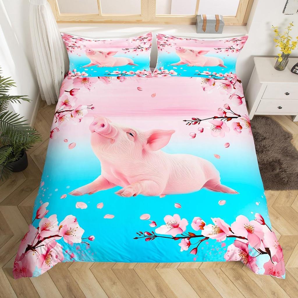 Farm Animal Pig Bedding Set Full Queen Size, Cute Pig Duvet Cover For Kids Girl, Cartoon Pigs Comforter Cover With 2 Pillow Case