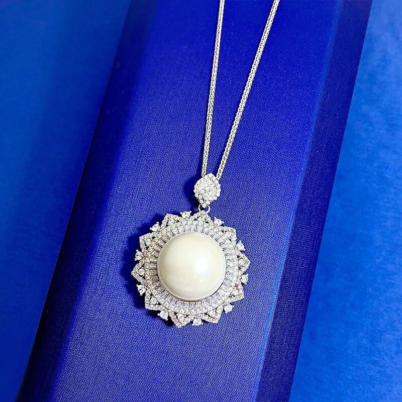 New 100% 925 Sterling Silver 8 Carat 16mm Big Pearl Necklace Sunflower Pendant Wedding Gifts Fine Jewelry Wholesale