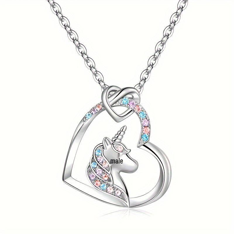 European & American Cute Colorful Diamond Heart & Unicorn Pendant Necklace for Children