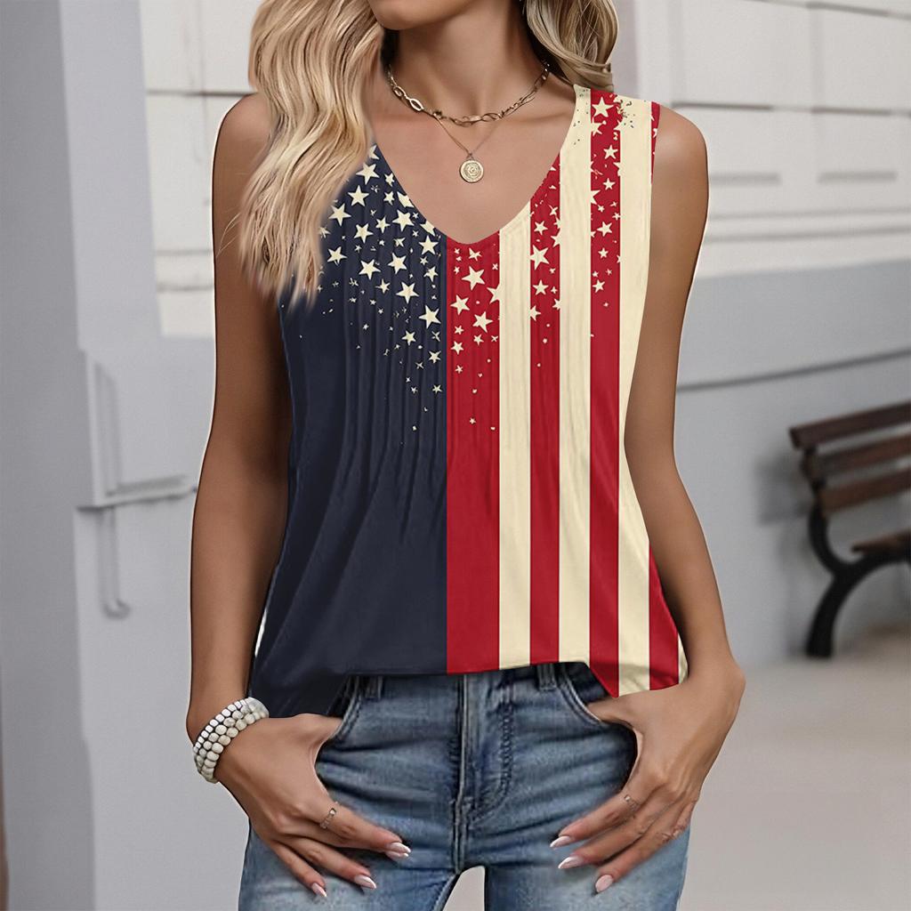 Women's Fashion Casual American Independence Day Flag and Stars Print V-Neck Ruffled Sleeveless T-Shirt Top