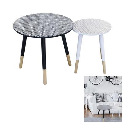 [R2398] - 2 Black and White 'Boho' Wooden Nesting Tables - 48 and 33 Cm