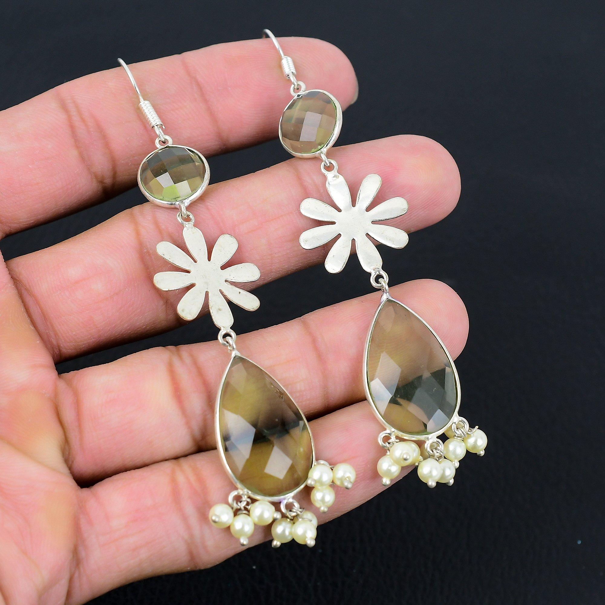 

925 Sterling Silver Pear Green Amethyst Gemstone Dangling Wife Earrings Jewelry