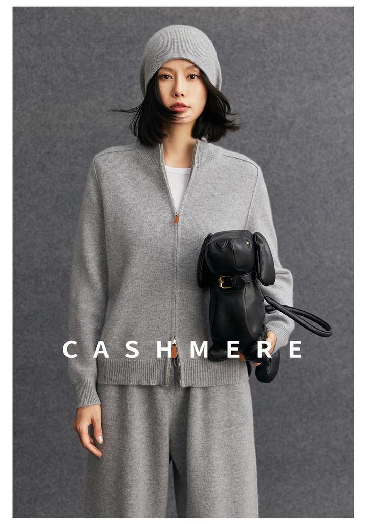 2025 Autumn/Winter Women's Cashmere Half-High Collar Cardigan with Double Zipper Pockets