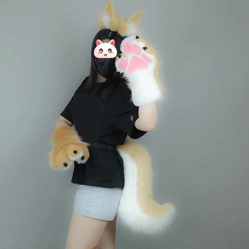 Realistyczne Kocie Uszy Opaska na Włosy Futrzany Ogon Pluszowy Zestaw dla Cosplayera Odgrywania Ról i Rekwizytów Fotograficznych