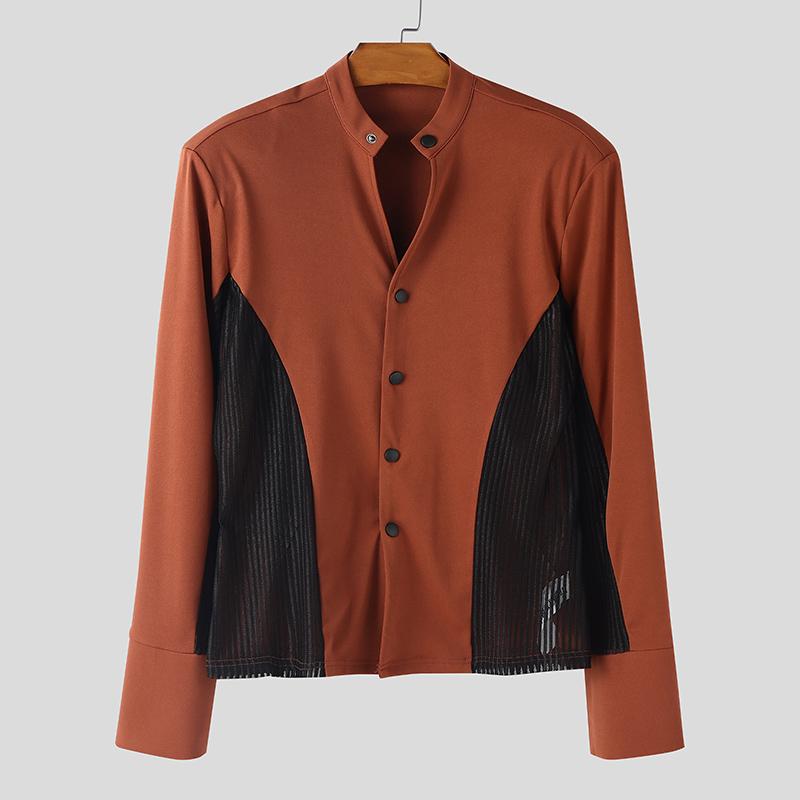 INCERUN Men Mockneck Long Sleeve Buttons Lace Patchwork Fitted Casual Tops T-shirts 2XL коричневый