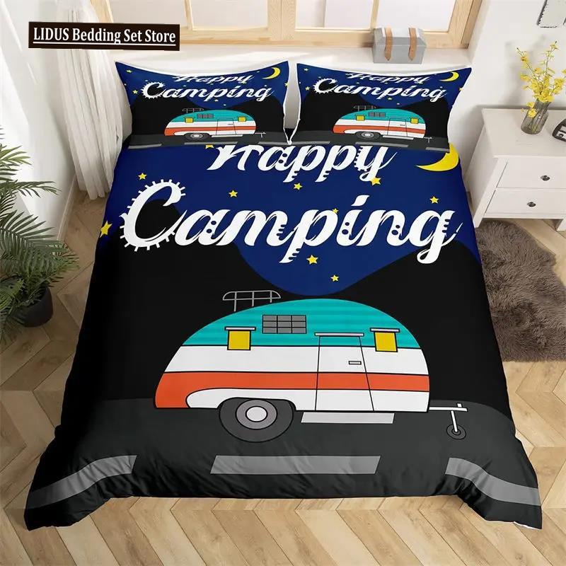 Šťastné kempování Povlak na přikrývku Queen Kreslený Karavan Kempingová Ložní souprava Styl Farmy 3D Obal na přikrývku Camper s povlaky na polštáře