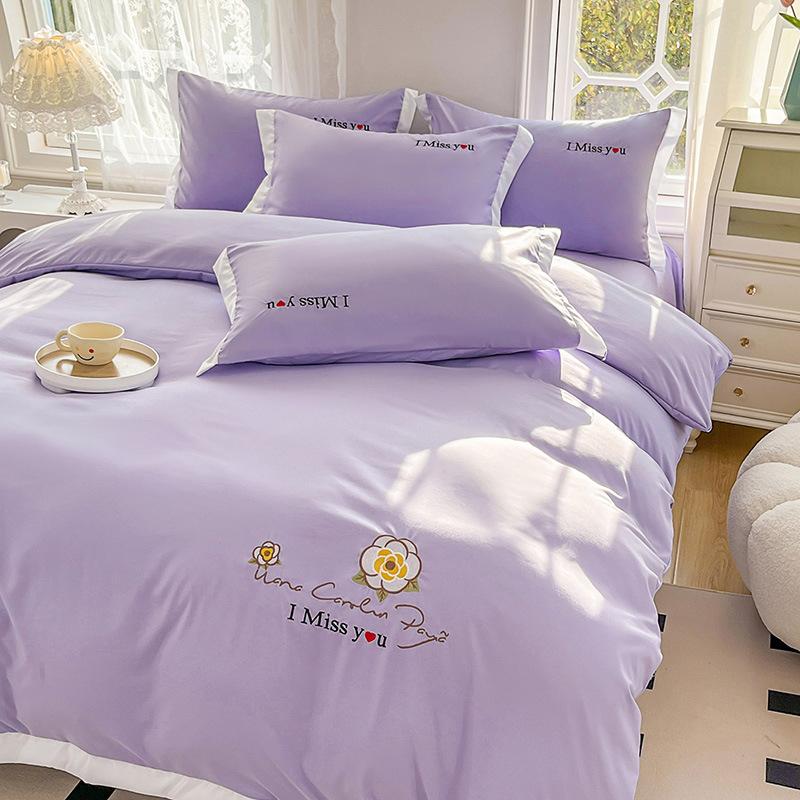 Ins Korean Version of Washed Cotton Bedding Four-piece Set Bed Sheet Quilt Cover Embroidery Dormitory Bedding Three-piece Set
