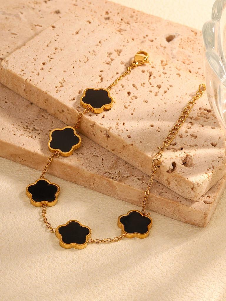 Korean Fashion Elegant Simple Simple Hundred Stainless Steel 18K Gold-Plated Five Leaf Flower Mother-Of-Zircon Bracelet Women'S