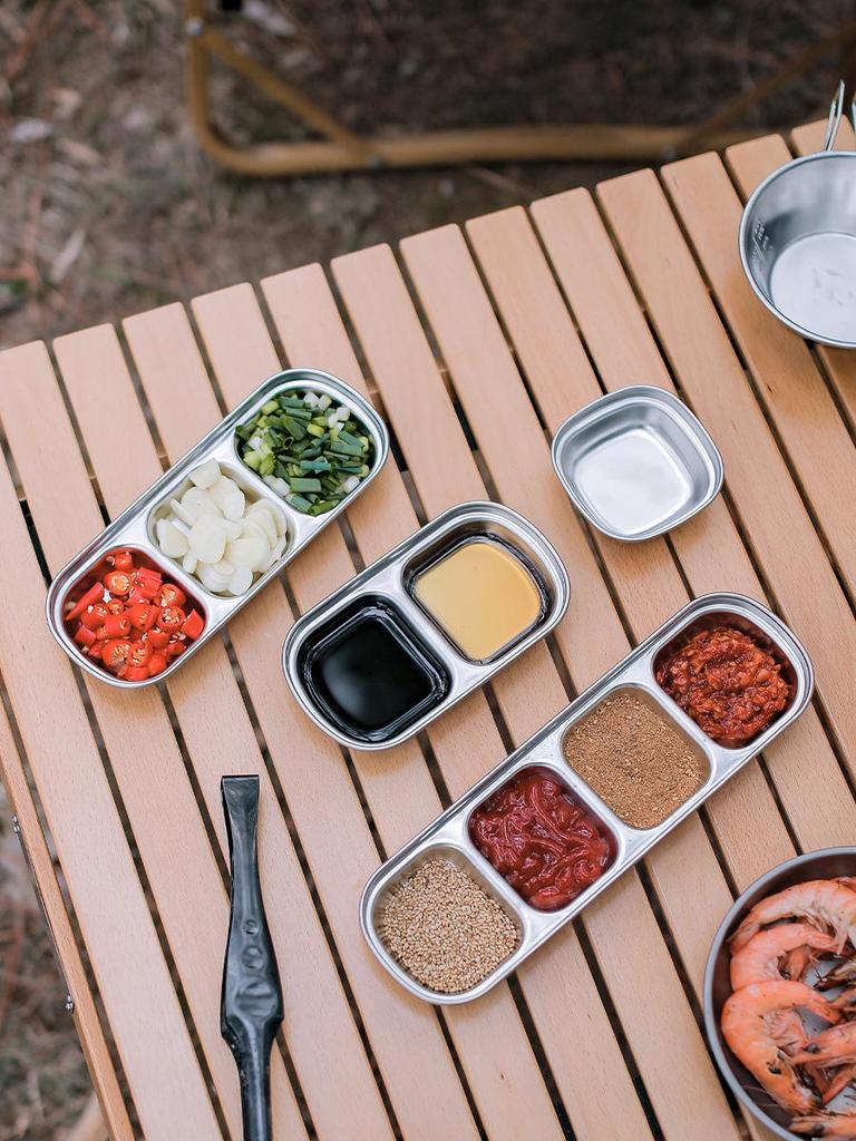 304 Stainless Steel Outdoor Divided Sauce & Seasoning Dish - Dual & Triple Grid for Camping