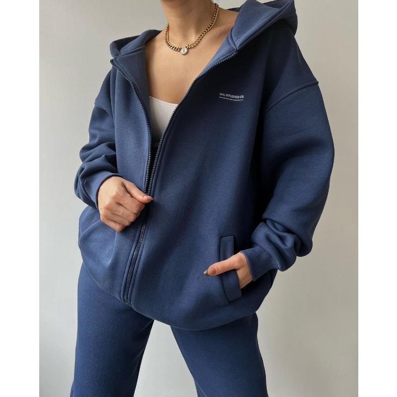 Damen Langarm Fleece Bedrucktes Kapuzensweatshirt und Lässige Hose Zweiteiliges Set