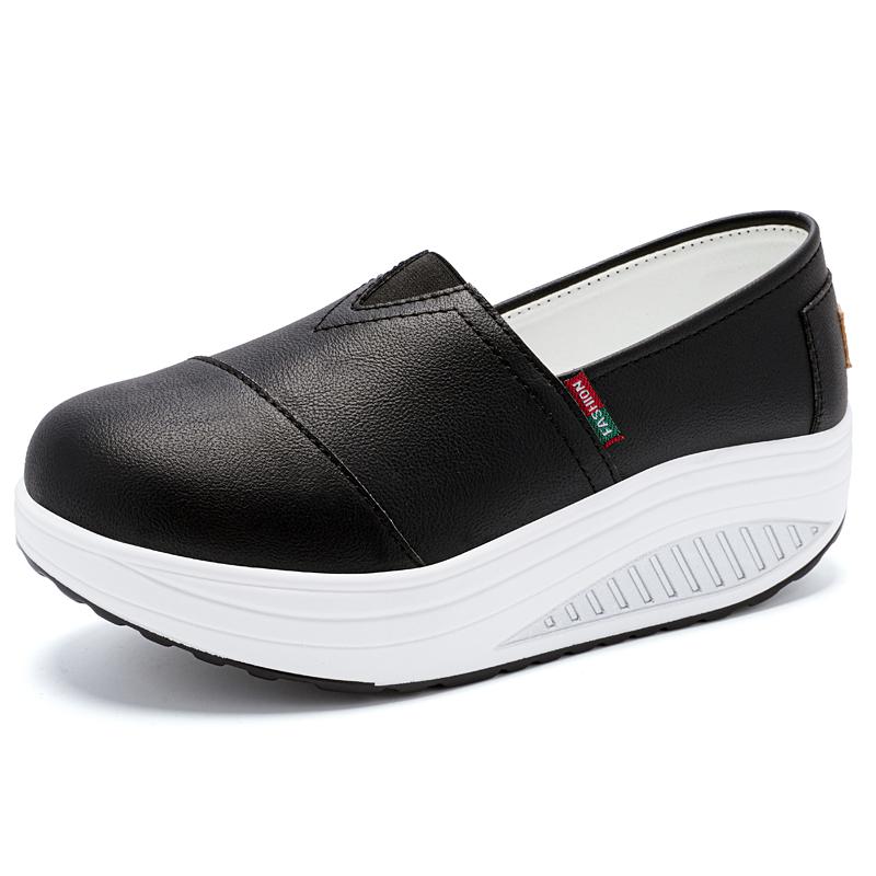 Women Platform Loafers Students Casual Black Leather Elevator Shoes Thick Sole Height Increase White Sneakers