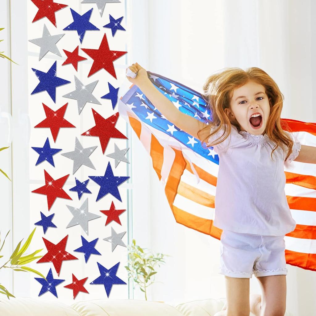 Whaline 6 Sheets Glitter Stars Window Clings Patriotic Glitter Blue Red White Stars Window Stickers Double-Sided 4th of July Window Decals for