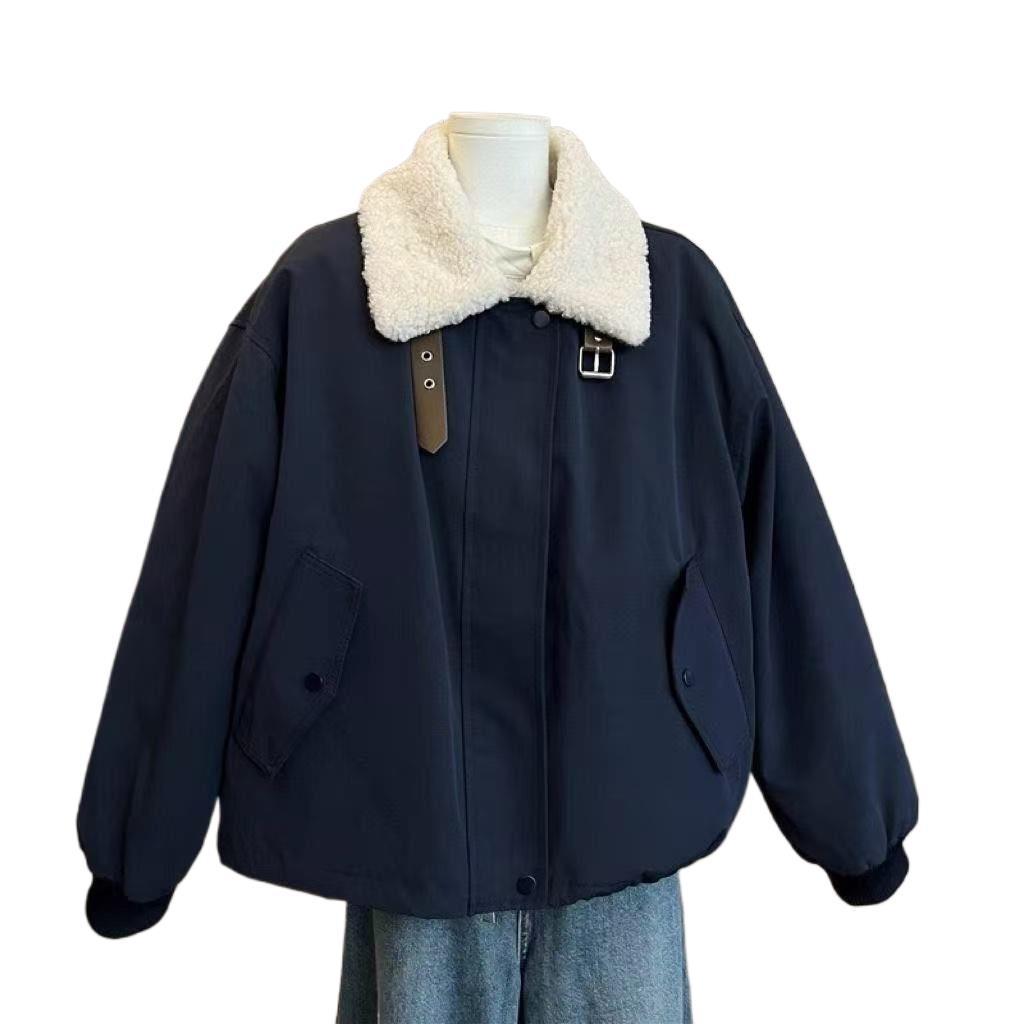 Women's Fleece-Lined Lambswool Patchwork Cotton Jacket - Korean Style Stand Collar, Autumn/Winter Collection
