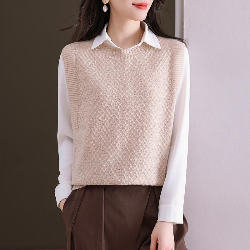 Women's Wool Knit Vest - 2025 Autumn/Winter New Style, Versatile Sleeveless Sweater with Shirt