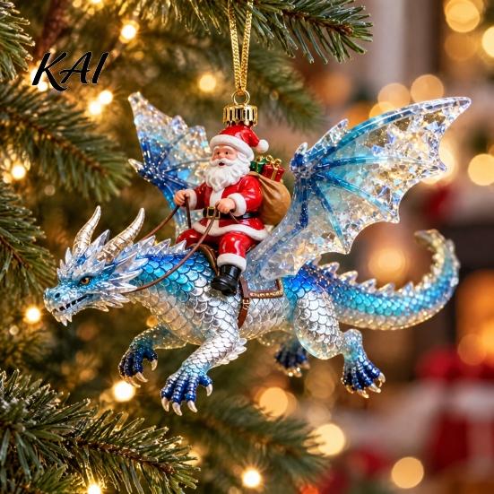 Santa Claus Riding Dragon Decor Rider Christmas Ornament, 2D Acrylic Red Tree Hanging Ornament with Flying Decorations for Home Parties Fantasy Style