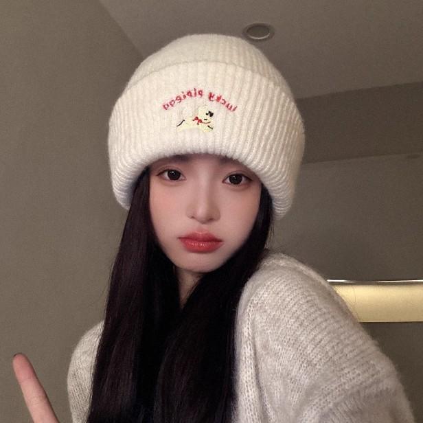 Cute puppy embroidered knitted hat female 2025 season wool hat showing small face big head circumference cold hat white