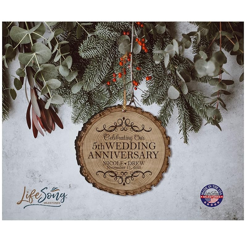 LifeSong Milestones Personalized 5th Anniversary Bark Style Christmas Ornament for 5 year of marriage - Five Year Weddin