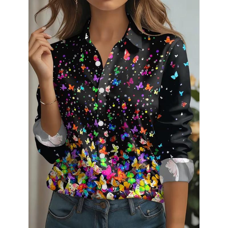 Autumn 2026 Ink Painting Print Blouse Ladies Long Sleeve Gradient Button Laple Loose Shirts Tops Casual Elegant Women's Clothing