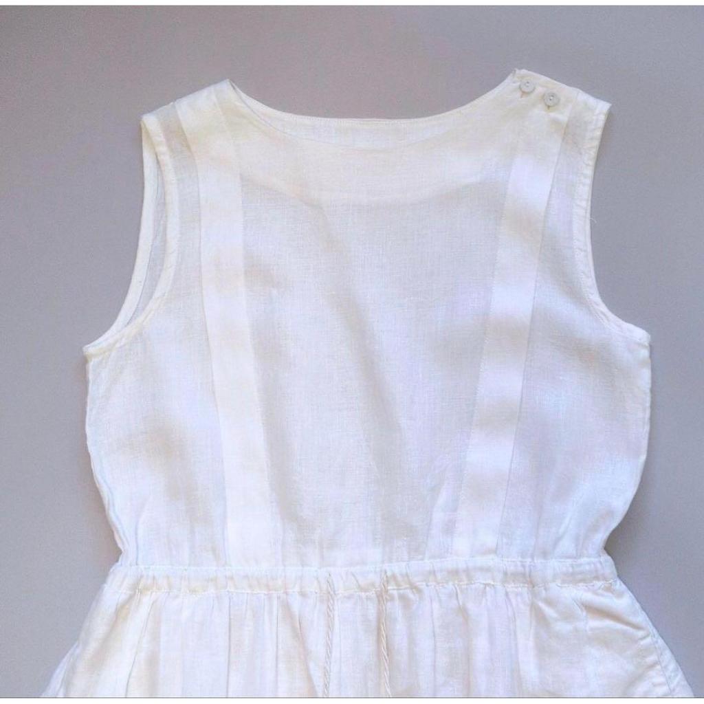 Used PAR ICI 100% Linen Tucked Sleeveless Dress Gathered White