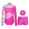 Ensemble Maillot de Gymnastique Danse Fille Manches Longues Impression Papillon Strass Fermeture Éclair Dorsale Body Short Bandeau pour Cheveux