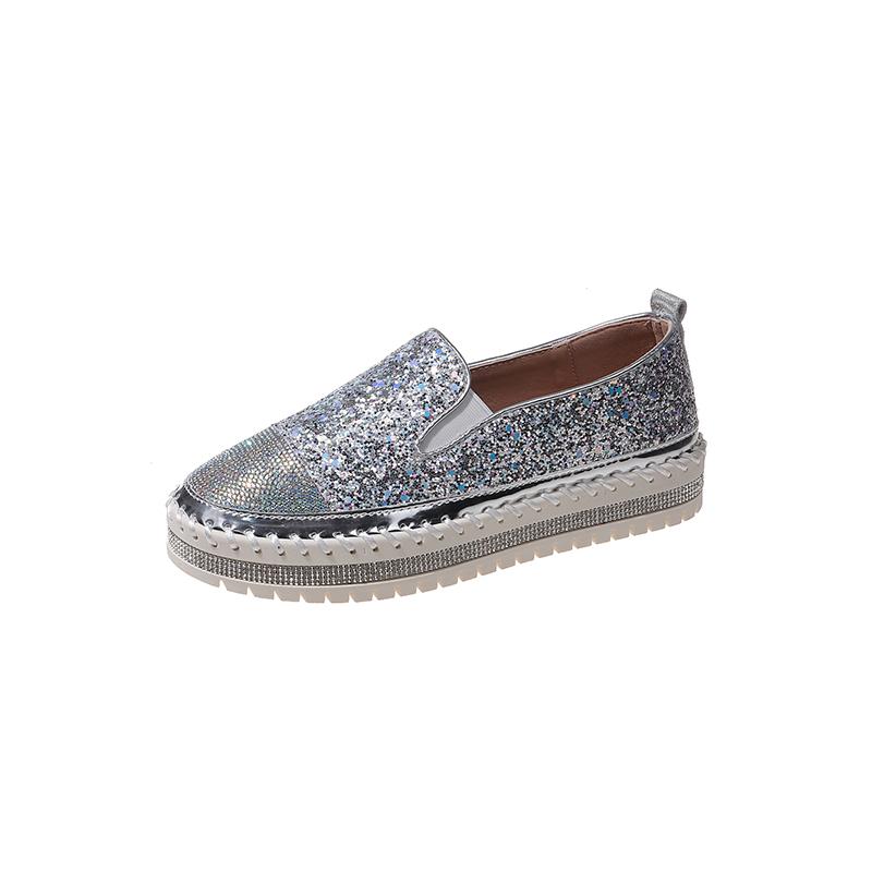 Aphixta 3cm Platform Crystals Round Toe Leather Flats Shoes Women Silver Bling Loafers Shoes Woman Flat With Students Size 43