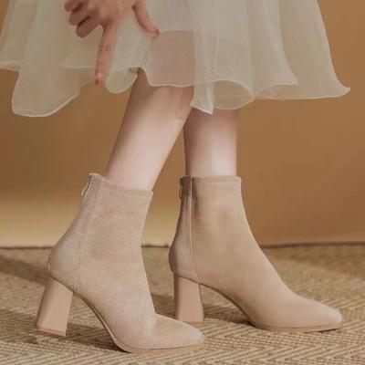 Nude High Heels French Thick Heel Short Boots Women's New Autumn Boots Suede Square Heel High Heel Boots Nude Boots Women