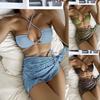 2024 Solid Color Halter Bikini: European & American Sexy Mesh Three-Piece Swimsuit for Women