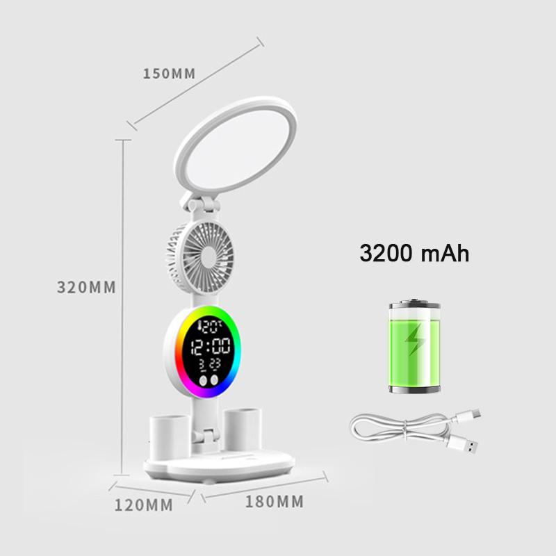 Oppladbar bordlampe for studier, skrivebordslampe leselys LED bordlys med vifte, LED klokkedisplay leselampe