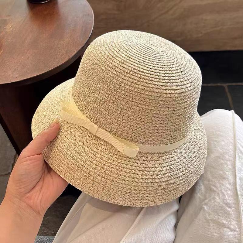 Elegant Hepburn Women Beach Sunshade Sun Hat  Summer Retro Sunscreen Hat Bow Fisherman Hat