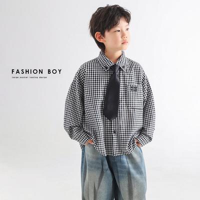 Boys' Spring 2025 Trendy Plaid Loose Shirt with Korean Tie Style